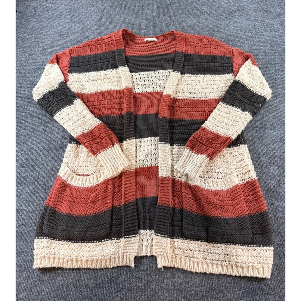 Kate & Sam Women Large Striped Open Front Cardigan Rust Grey Cream Chunky Knit